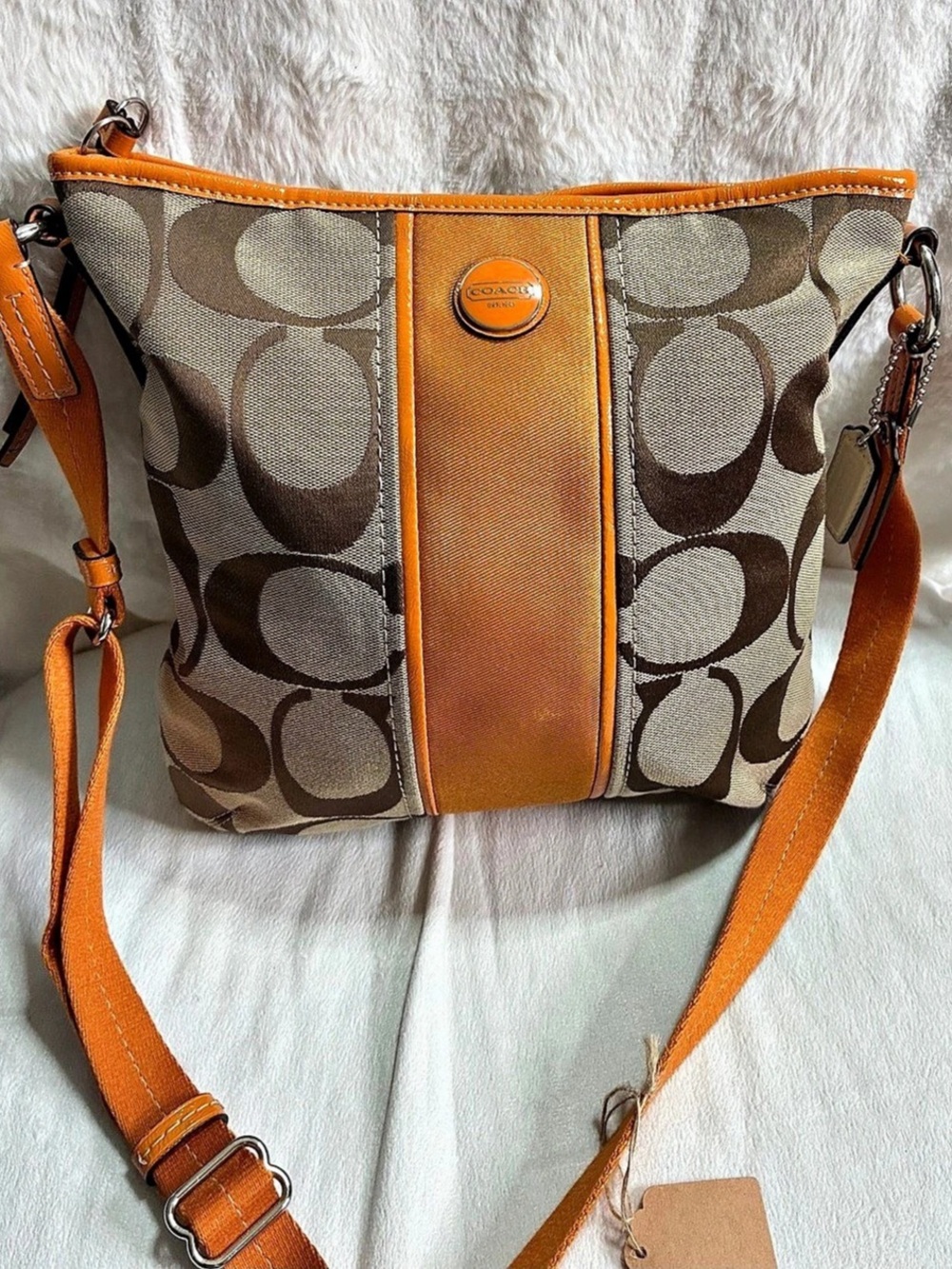 Coach Signature Stripe Convertible Hobo Crossbody Bag Brown & Orange